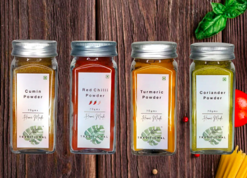 Basic Spices Combo – Turmeric Powder, Red chilli Powder, Cumin Powder, Coriander Powder